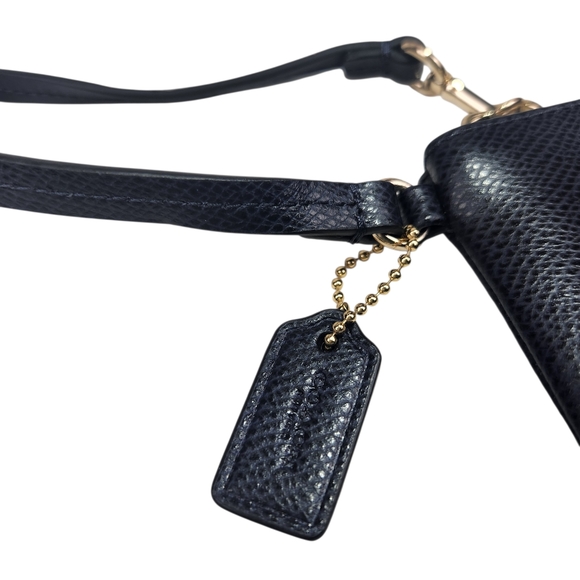 Coach Corner Zip Small Wristlet Crossgrain Leather Navy Blue Pouch Gold Hardware - Picture 6 of 10